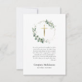 緑のリースと金ゴールドクロスカトリック葬儀 サンキューカード (正面)