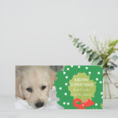 緑のリースのメリークリスマス犬の写真カード シーズンカード (スタンド正面)