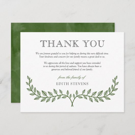 緑のリースの悔やみや弔慰は感謝していしています サンキューカード (正面/裏面)