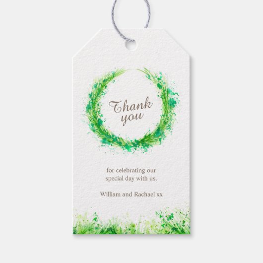 緑のリースの水の色の感謝していアートギフトラベル ギフトタグ (正面)