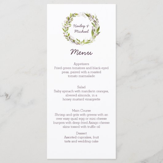 緑のリースは暗いプラム果実にメニューを去ります メニュー (正面)