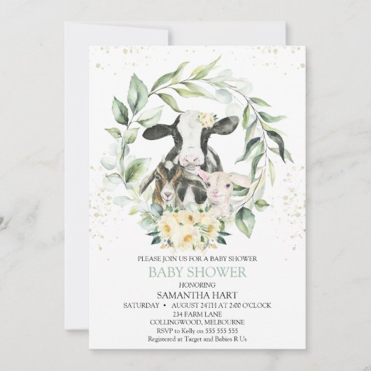 緑のリースイエローフローラファームベイビーシャワー 招待状 (正面)