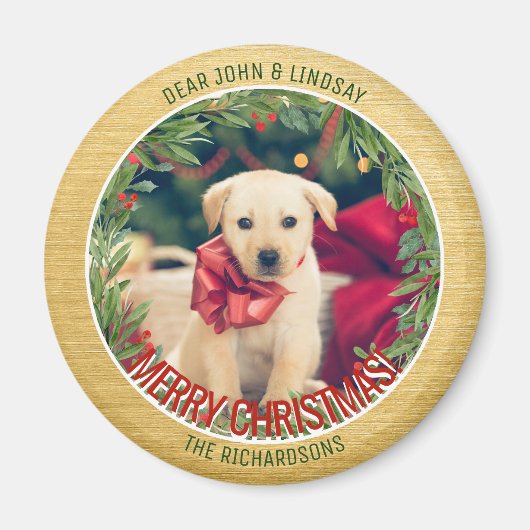 緑のリースカスタム写真金ゴールドクリスマスマグネット マグネット (正面)