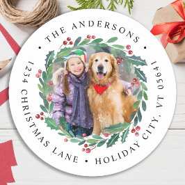 緑のリースクリスマスフォト差出人住所 ラウンドシール