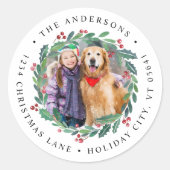 緑のリースクリスマスフォト差出人住所 ラウンドシール (正面)