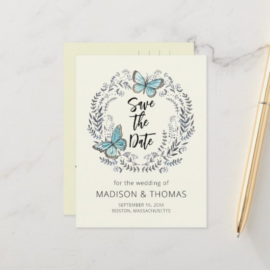 緑のリースバタフライウェディングデートを保存 案内ポストカード (正面/裏面インサイチュ)