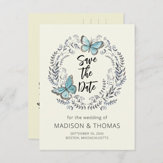 緑のリースバタフライウェディングデートを保存 案内ポストカード (正面/裏面)