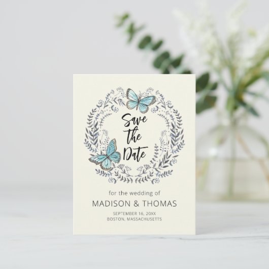 緑のリースバタフライウェディングデートを保存 案内ポストカード (スタンド正面)
