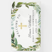 緑のリースファースト・ホーリー・コミュニオンウェルカム 横断幕 (縦)