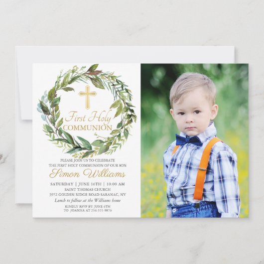 緑のリース第一聖餐式の写真 招待状 (正面)