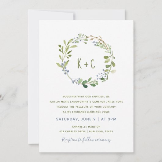 緑のリース結婚式招待状ズダスティブルー 招待状 (正面)