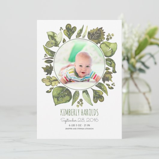 緑のリース絵を描生まれたばかりのベビー写真誕生 案内状 (スタンド正面)