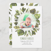 緑のリース絵を描生まれたばかりのベビー写真誕生 案内状 (正面/裏面)