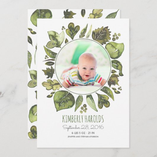 緑のリース絵を描生まれたばかりのベビー写真誕生 案内状 (正面/裏面)
