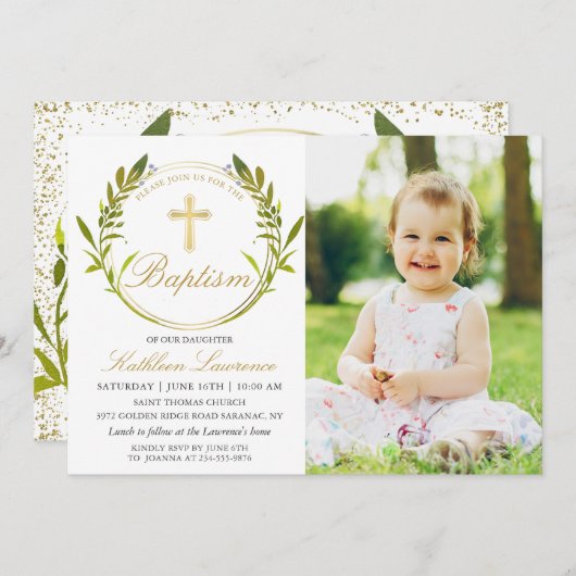 緑のリース金ゴールドクロスガールバプテスマ写真 招待状 (正面/裏面)