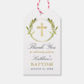 緑のリース金ゴールドクロスガールバプテスマ ギフトタグ (正面)