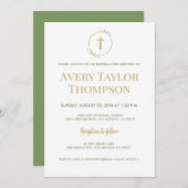 緑のリース金ゴールドクロスバプテスマ1st誕生日 招待状 (正面/裏面)