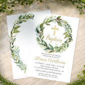 緑のリース金ゴールドクロスボーイバプテスマ招待状 招待状