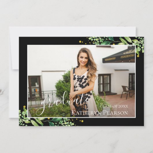 緑のリース金ゴールドグリッター2写真卒業 招待状 (裏面)