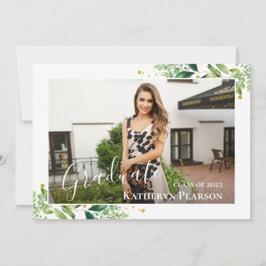 緑のリース金ゴールドネイビーブルー2写真卒業 招待状 (裏面)