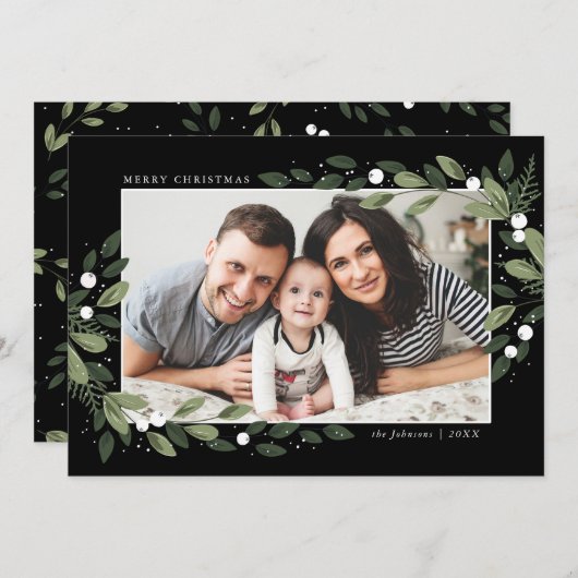 緑のリース霜の降りたフォトカード 招待状 (正面/裏面)