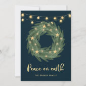 緑のリース、金ゴールドストリングライト付き青 シーズンカード (正面)