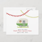 緑のレトロトレーラーウェディング日付はがき保存 案内ポストカード (正面/裏面)