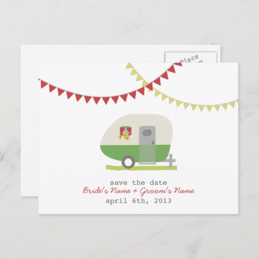 緑のレトロトレーラーウェディング日付はがき保存 案内ポストカード (正面/裏面)