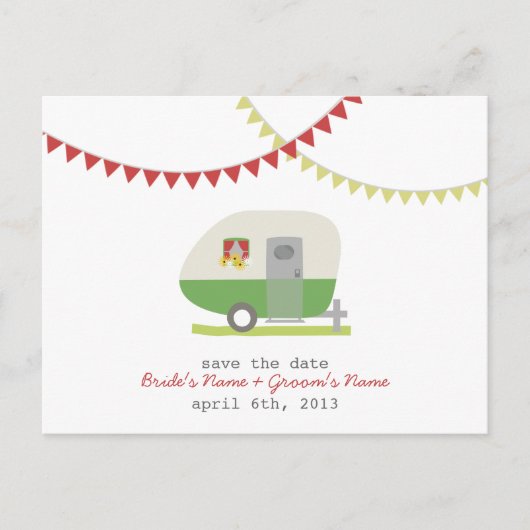 緑のレトロトレーラーウェディング日付はがき保存 案内ポストカード (正面)