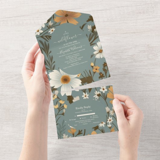 緑のレトロ小さな野草の赤ちゃんシャワー オールインワン招待状 (貼ってはがせる)