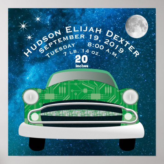 緑のレトロ車の男の赤ちゃん誕生状態誕生レコード ポスター (正面)