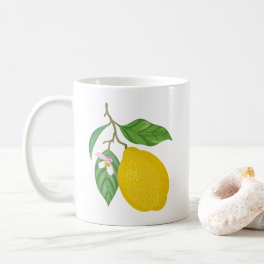 緑のレモンと白葉の花付き黄色のレモン コーヒーマグカップ (ドーナツ)
