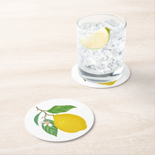緑のレモンと白葉の花付き黄色のレモン ラウンドペーパーコースター (インサイチュ)