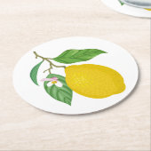 緑のレモンと白葉の花付き黄色のレモン ラウンドペーパーコースター (アングル)
