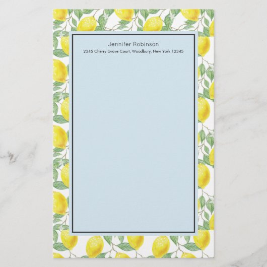 緑のレモンのパター葉ン付き黄レモン 便箋 (正面)