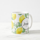 緑のレモン模様モノグラム葉付き黄色レモン コーヒーマグカップ (正面右)