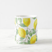 緑のレモン模様モノグラム葉付き黄色レモン コーヒーマグカップ (中央)