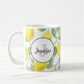 緑のレモン模様モノグラム葉付き黄色レモン コーヒーマグカップ (左)