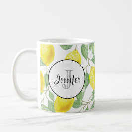 緑のレモン模様モノグラム葉付き黄色レモン コーヒーマグカップ