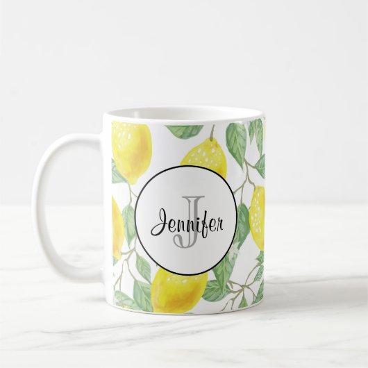 緑のレモン模様モノグラム葉付き黄色レモン コーヒーマグカップ (左)