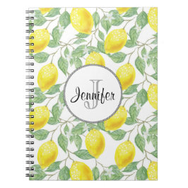 緑のレモン模様モノグラム葉付き黄色レモン ノートブック