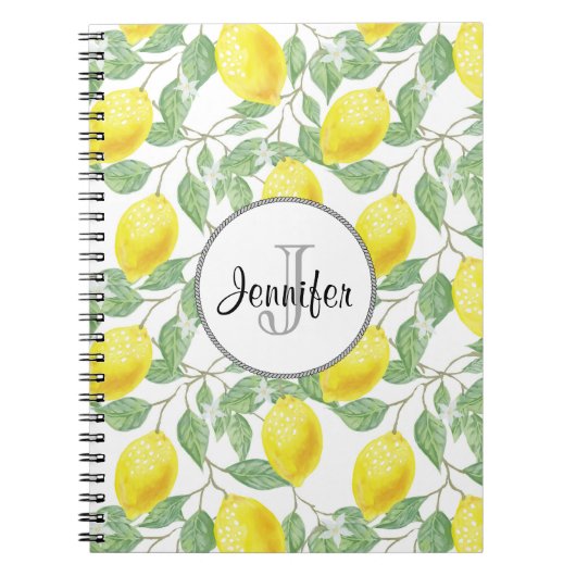 緑のレモン模様モノグラム葉付き黄色レモン ノートブック (正面)