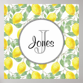 緑のレモン模様モノグラム葉付き黄色レモン ポスター