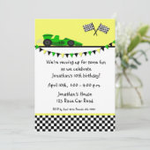 緑のレースカー、旗の誕生日の招待状 招待状 (スタンド正面)