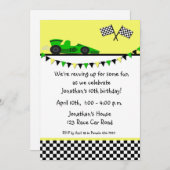 緑のレースカー、旗の誕生日の招待状 招待状 (正面/裏面)