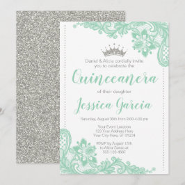 緑のレース及び銀のグリッターのプリンセスQuinceañera 招待状