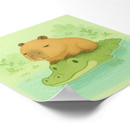 緑のワニのポスターの可愛い漫画のキャピバラ ポスター (角)