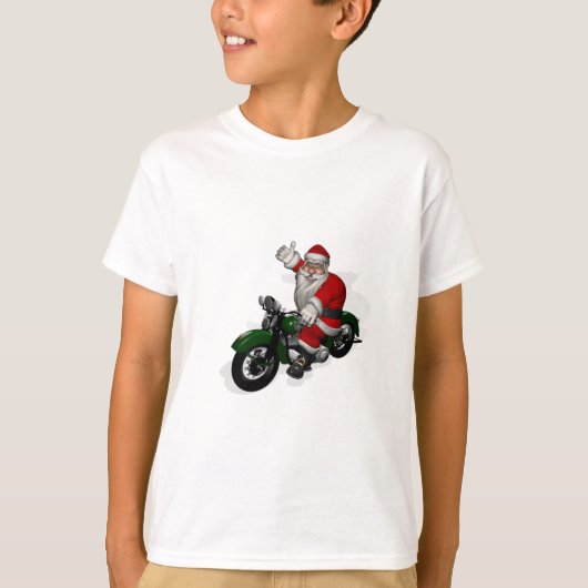 緑のヴィンテージのモーターバイクのおもしろいなサンタクロース Tシャツ (正面)