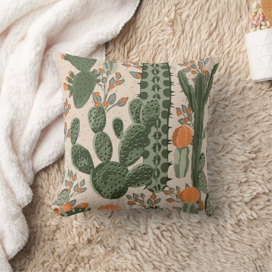 緑のヴィンテージの多汁のサボテンとオレンジの花  クッション (ブランケット)