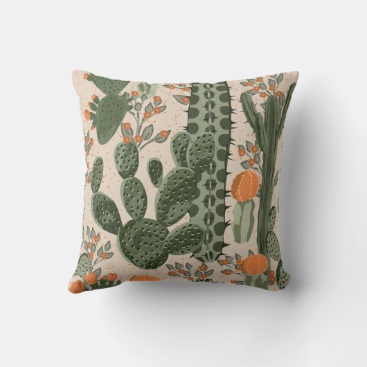 緑のヴィンテージの多汁のサボテンとオレンジの花  クッション (裏面)